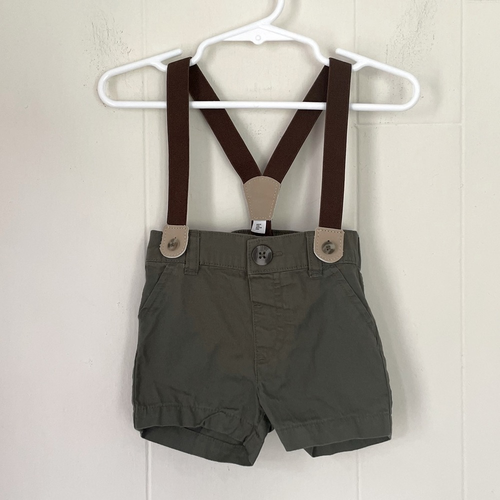 Cat and Jack baby shorts with suspenders ~ olive green ~ size 3-6 months